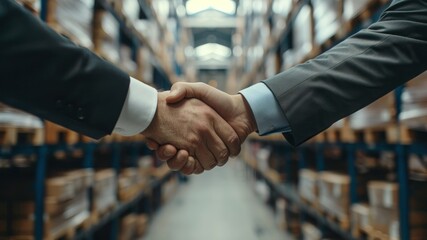 A handshake signifies a business agreement in a warehouse setting.