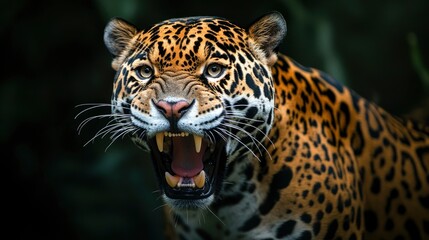 A dramatic macro shot of a jaguar, its mouth wide open in a fierce snarl, revealing its razor-sharp teeth