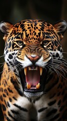 Obraz premium A dramatic macro shot of a jaguar, its mouth wide open in a fierce snarl, revealing its razor-sharp teeth
