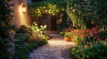 A Serene Garden Path Bathed in Warm Light