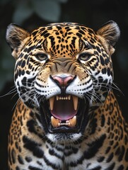 Obraz premium A dramatic macro shot of a jaguar, its mouth wide open in a fierce snarl, revealing its razor-sharp teeth