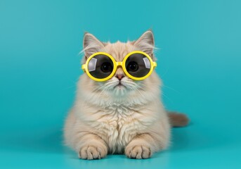 Cute fluffy kitten wearing funny yellow sunglasses isolated on turquoise background