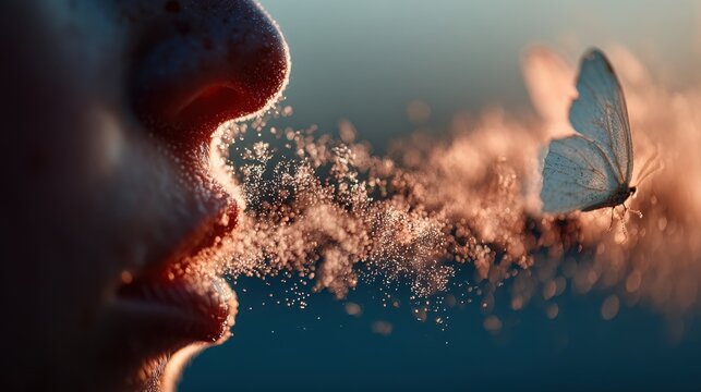 A butterfly hovers near lips as glittering breath floats in air, creating a surreal, poetic, and magical close-up moment - Powered by Adobe