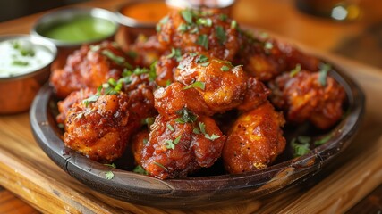 Fototapeta premium A platter of spicy fried appetizers garnished with herbs.
