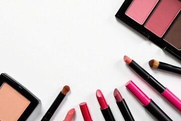 Various makeup items displayed on white backdrop, professional, makeup, image