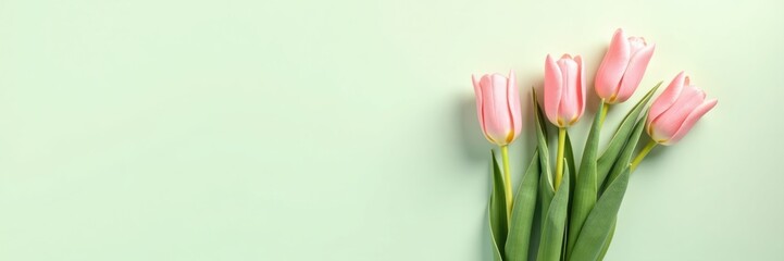 Fototapeta premium Beautiful spring flower composition featuring a bouquet of pink tulip flowers on a pastel background. Perfect for Valentine’s Day, Easter, Birthday, Happy Women’s Day, Mother’s Day. Flat lay, top view