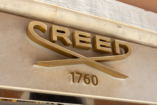Venice, Italy - April 20 2025: Creed luxury fragrance brand logo with 1760 founding year in boutique signage