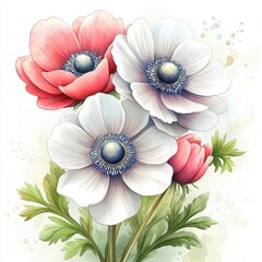 Fototapeta premium A beautiful illustration of colorful anemone flowers featuring red, white, and pink blooms with delicate green leaves.