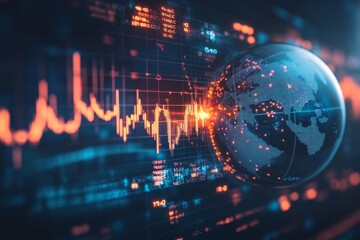 Global financial market data visualization.  Interactive display of global stock market trends overlaid on a transparent globe.  Data analysis and investment insight