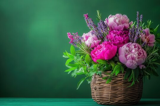 A vibrant floral arrangement of peonies and lavender in a basket.