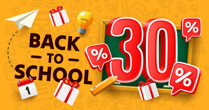 Back to School special offer, Sale 30 percent. Vector illustration 