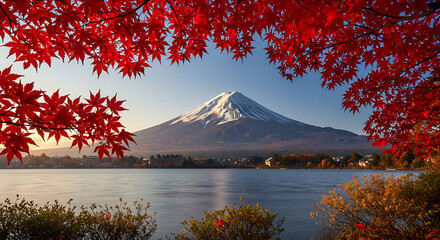 Stunning Autumn Mountain Lake Landscape: Red Maple Leaves, Snow-capped Peak, Scenic View