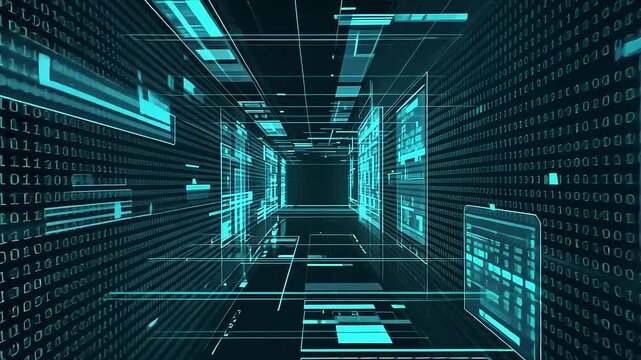 Futuristic digital corridor with glowing lines and binary code, symbolizing technology and innovation