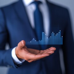 Businessman presenting a digital growth chart in hand.