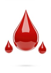 Fototapeta premium Shiny, scarlet blood drops, one large and two smaller, stand out on a clean white backdrop, representing life and vitality
