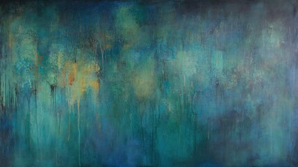 Naklejka premium Deep teal abstract painting with dripping and layered textures.