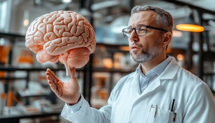 Neurology, Medicine, Anatomy Senior Male Doctor With Brain Model. Neurosurgery, Science