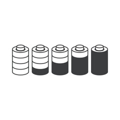 Vector set of battery icons showing different charge levels, from full to empty. Minimalist monochrome design, perfect for UI, energy, and tech illustrations.