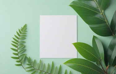 Here's a description and keywords based on your requirements:

**Description:**

A blank white card rests on a pale green background, surrounded by lush green leaves.  The scene is simple, elegant, an