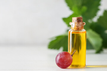 Bottle of cosmetic grape seed oil on white background