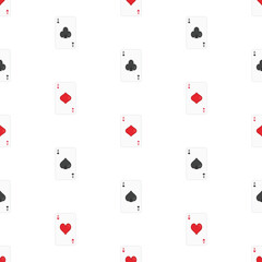 Seamless pattern with playing cards showing all four aces hearts, spades, diamonds, and clubs. Perfect for casino, gambling, card games, or background designs.