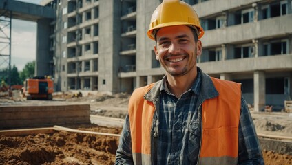 Joyful laborer resting on shovel, smiling at camera on construction site.

