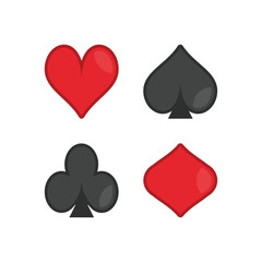 Vector icons of four playing card suits spades, hearts, diamonds, and clubs. Black and red symbols on a white background. Classic design for casino, poker, and card games.