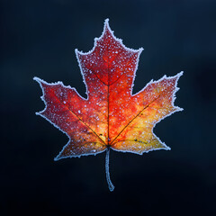 Fototapeta premium Frozen Autumn Leaf: A stunningly detailed macro photograph captures the intricate beauty of an autumn maple leaf, its vibrant colors enhanced by a delicate layer of frost.