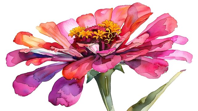 watercolor zinnia flower, pink, orange, yellow, white clip art preview