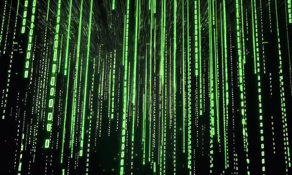Green digital matrix code flows in cyberspace, symbolizing hacking, data, and futuristic virtual technology in a cyberpunk world.