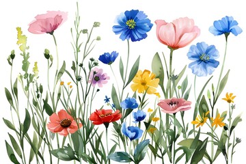 Fototapeta premium Watercolor Wildflower Clipart: A Vibrant Medley of Colorful Blooms and Greenery