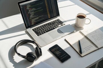 A realistic top-down view of a modern tech-focused workspace. A sleek laptop with code editor on screen, wireless headphones, smartphone, notebook with handwritten notes, pen, and a coffee mug.