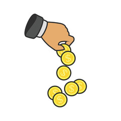 Hand putting dollar coin in stack. Profit, making money, business or finance concept. Golden coins in businessman hand.