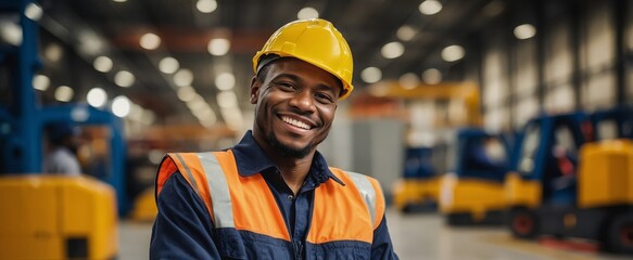Smiling African American logistics staff member in protective gear supervising cargo handling.

