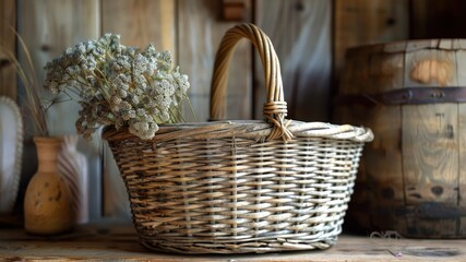 A rustic wicker basket with dried flowers sits against a wooden background.