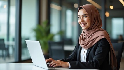 Successful smiling Arab woman in hijab working inside modern office, Muslim woman using laptop at work, business woman satisfied with achievement results typing on computer keyboard.