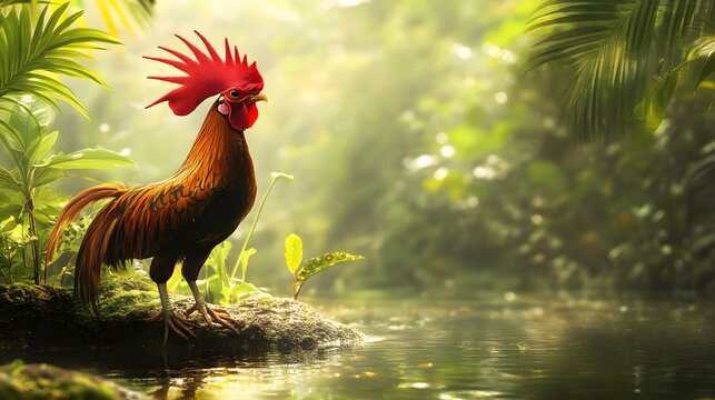 A jungle fowl roaming on a tropical island