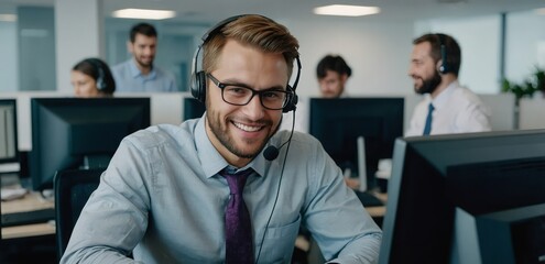 Office worker engaged in a support call, smiling while using a computer for client services.

