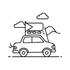 road trip with flag on car icon, road trip with flag on car line art - simple line art of road trip with flag on car, perfect for road trip with flag on car logos and icons