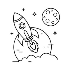 rocket launching toward the moon icon, rocket launching toward the moon line art - simple line art of rocket launching toward the moon, perfect for rocket launching toward the moon logos and icons