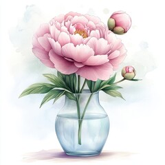 Obraz premium A stunning pink peony flower in a clear vase, accompanied by budding flowers, displayed against a soft watercolor background.