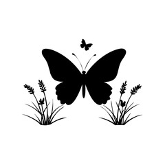 Butterflies with Plants Silhouette Vector Scene