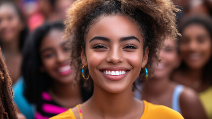 Fototapeta premium Smiling girl in crowd of happy people, showcasing joy and connection. vibrant atmosphere highlights friendship and celebration