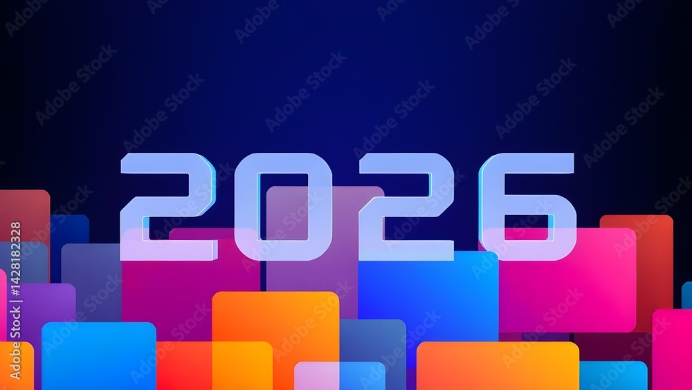 Fototapete 2026 loading word in colored rectangles backgroundLoading New Year 2025 on Chalkboard Background.Year 2026 represented by toy blocksColorful overlapping numbers 2026 on white background