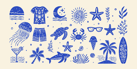 Beach boho vintage icon set. Hand drawn palm tree, sun and sea, seashells, coral, crab, turtle, cocktail, ice cream, whale in naive groovy style. Tropical surf club concept, vacation and travel