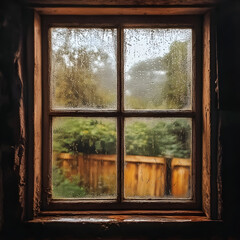 Rainy Day View: A rustic window frame offers a picturesque view of a rain-kissed world, showcasing the gentle dance of raindrops on the glass pane.