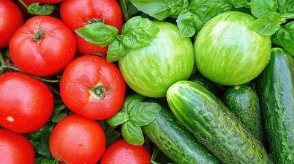 Freshly harvested tomatoes, cucumbers, and basil.