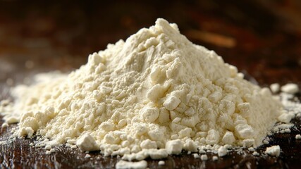 A close-up of a heap of flour on a wooden surface.