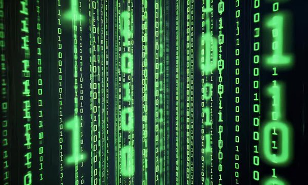 Green digital matrix code flows in cyberspace, symbolizing hacking, data, and futuristic virtual technology in a cyberpunk world.