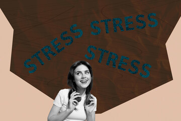 Banner poster collage of people with big words stress on pastel brown color background